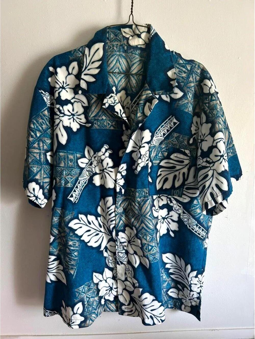 Vintage Hawaiian Shirt Blue Tropical Hibiscus Aloha Button Up L